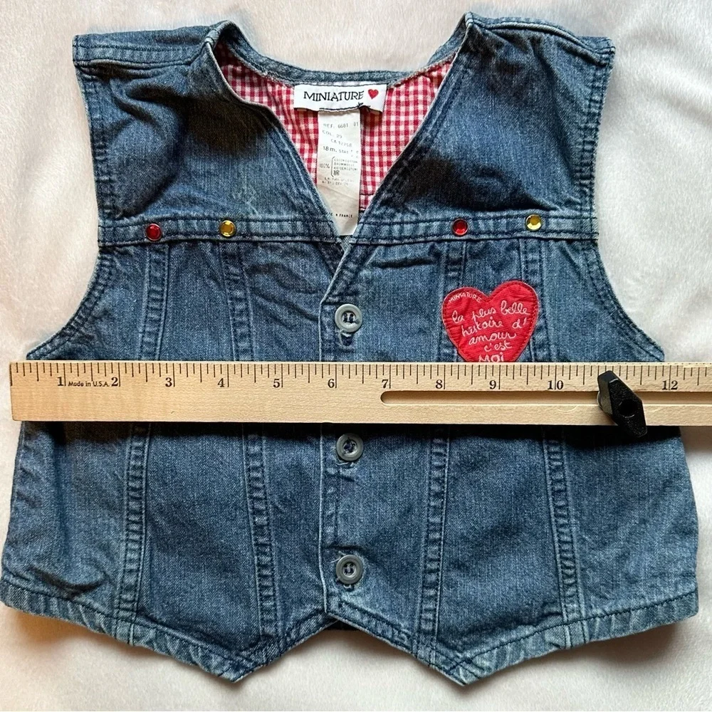 Vtg Miniature 18M Jean Denim Vest Red Heart Gems Button Up Baby Girl France